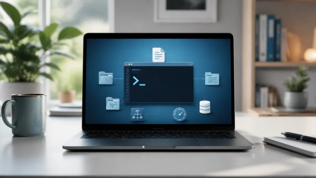 A bright editorial Linux workspace showing an abstract command-line environment connected to files, permissions, processes, and disk information.