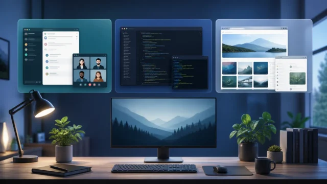 A clean Linux desktop scene showing multiple organized workspace panes for different tasks.