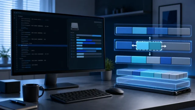 A polished Windows storage-management scene showing organized disks, partitions, and a calm command-line workflow.