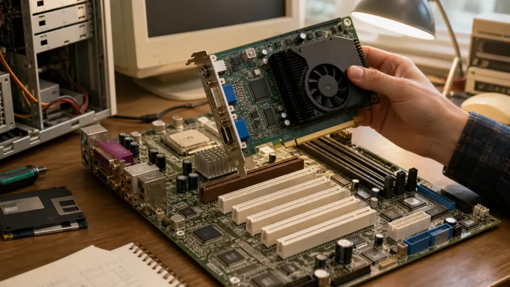 A late-1990s motherboard showing a brown AGP slot beside several white PCI slots as a graphics card hovers above them.
