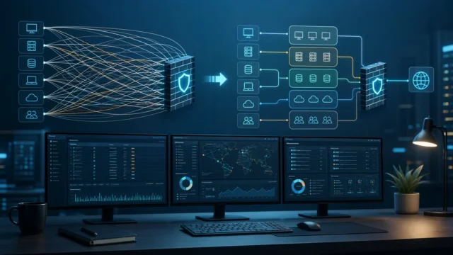 A clean firewall management interface using named host, network, and port groups to simplify a large ruleset.