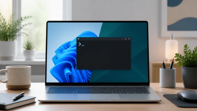 A bright editorial Windows workspace showing Windows and Linux tools blending together through WSL2.