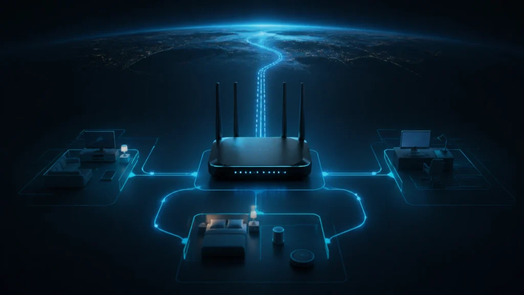 An elegant dark network map showing a home router, private zones, and a path toward the wider internet.