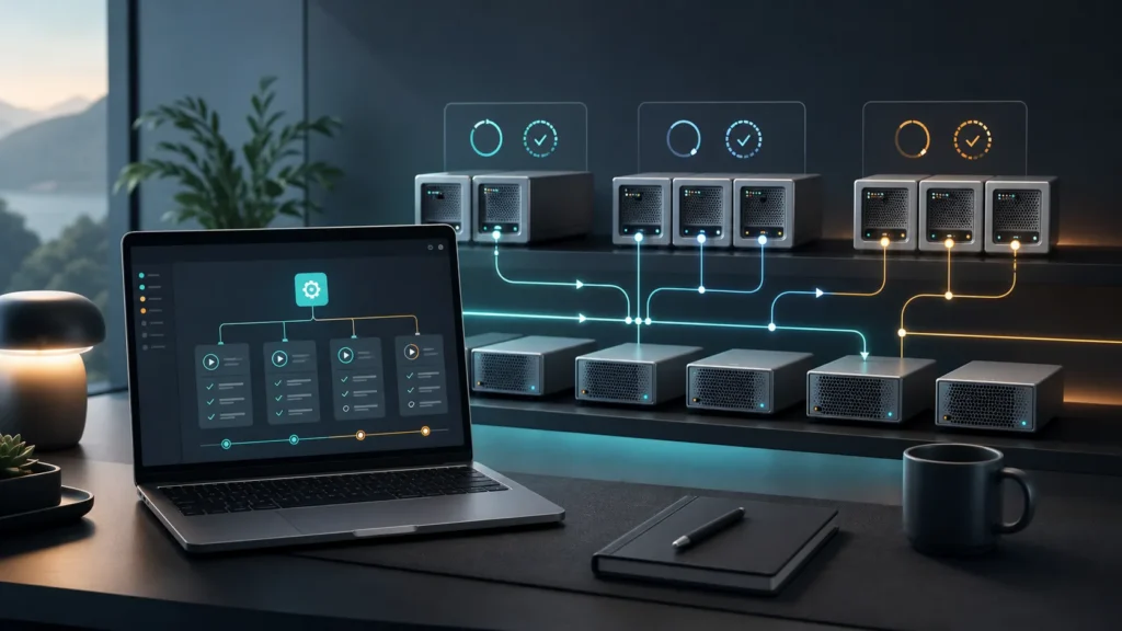 A refined homelab scene showing one orchestration layer coordinating grouped update flows across several virtual machines.