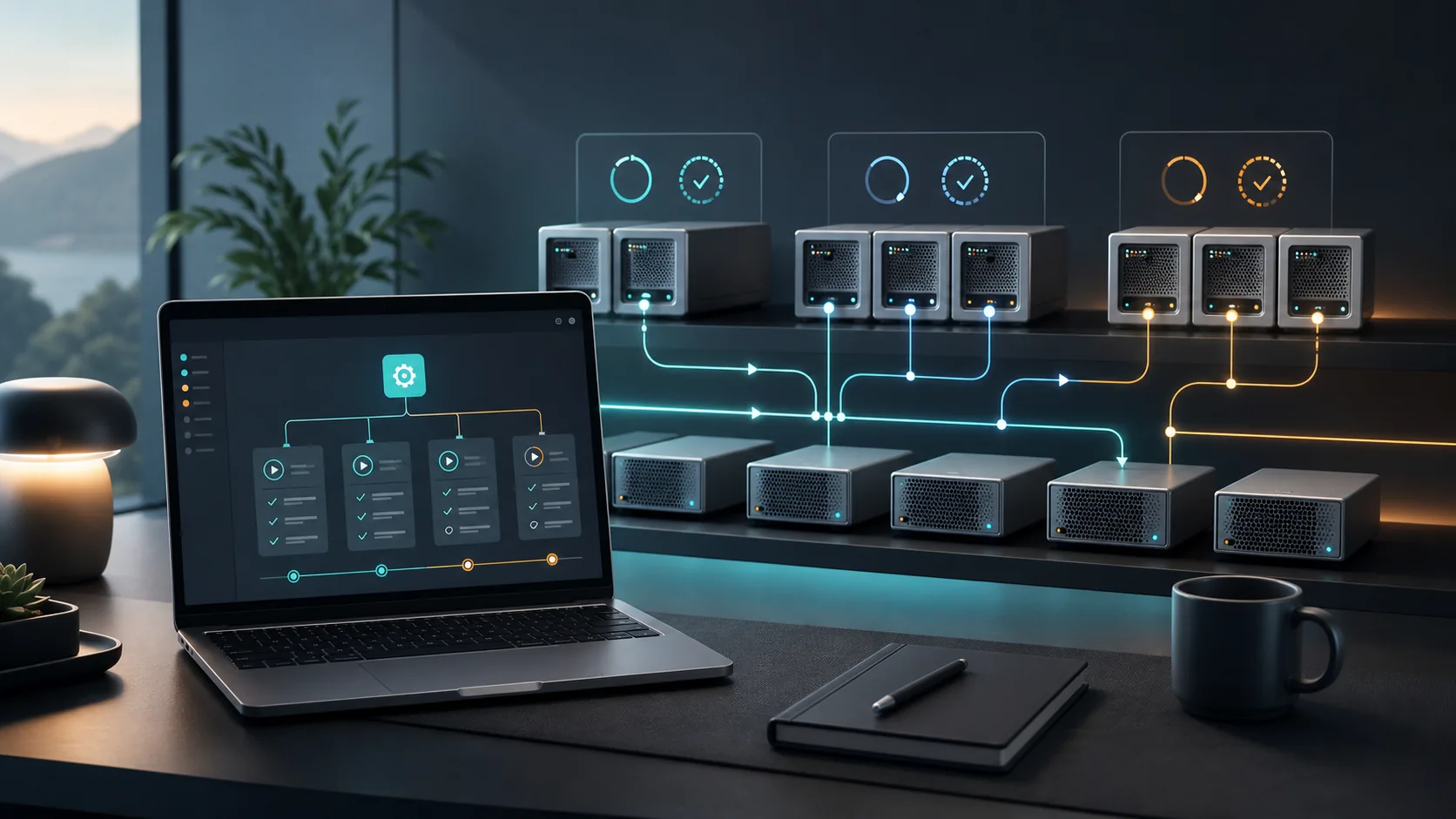 A refined homelab scene showing one orchestration layer coordinating grouped update flows across several virtual machines.