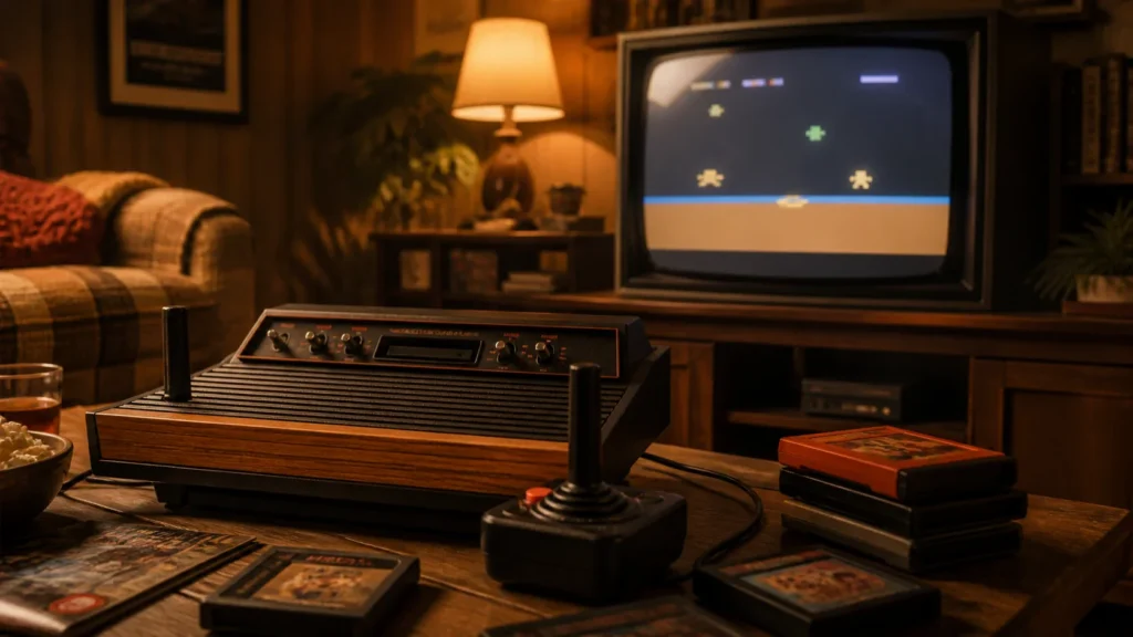 A woodgrain-style home console with joysticks and cartridges in a warm late-1970s living room beside a glowing CRT television.