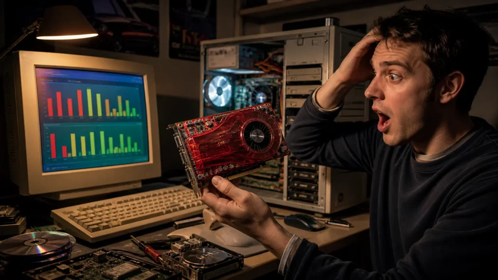 An early-2000s enthusiast PC setup with a red graphics card and performance-themed display, evoking the Radeon 9700 Pro era.