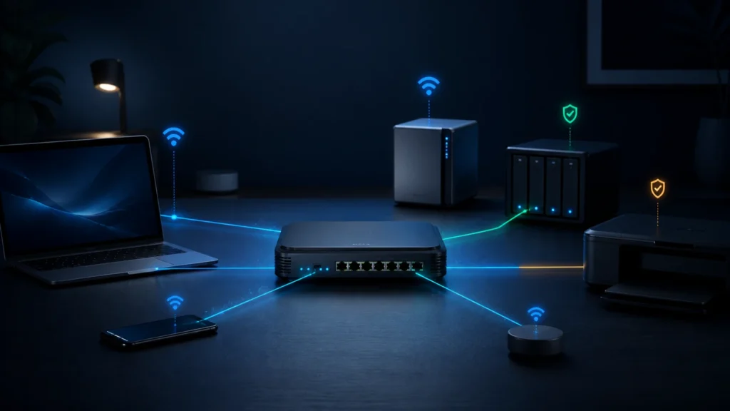 A dark editorial home-network scene showing a router managing stable and dynamic device connections.