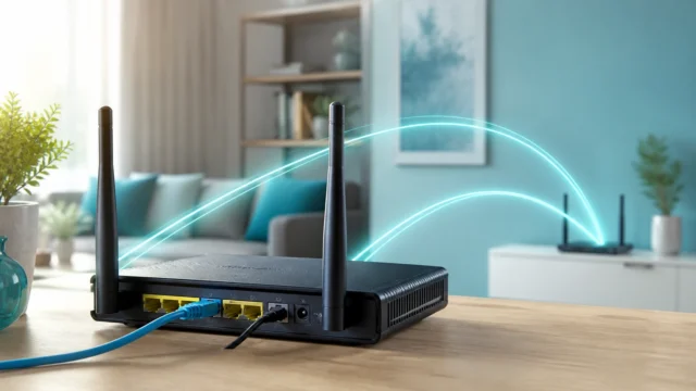 A bright editorial home-network scene showing an older router repurposed as a Wi-Fi access point with a subtle secondary wireless bridge path.