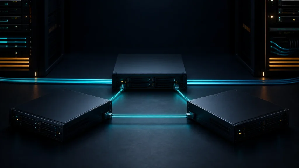 A dark editorial homelab scene showing three compact servers linked in a disciplined cluster topology.