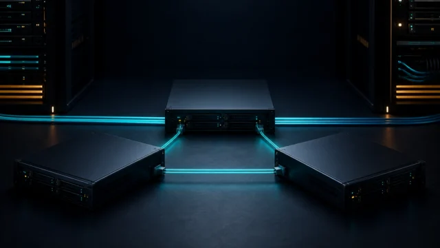 A dark editorial homelab scene showing three compact servers linked in a disciplined cluster topology.
