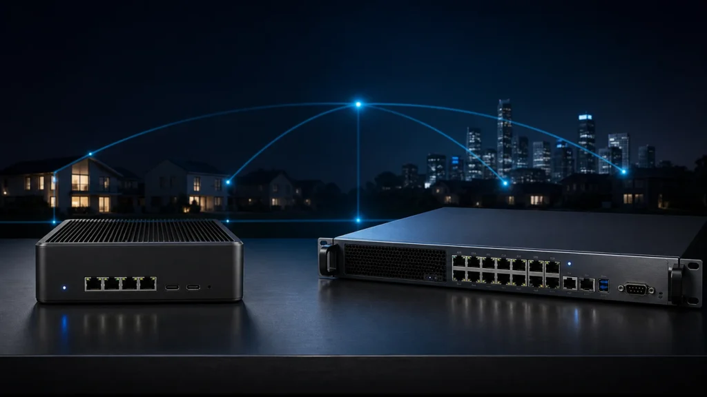 A dark editorial comparison between a compact mini-PC router and a larger enterprise-style network appliance.