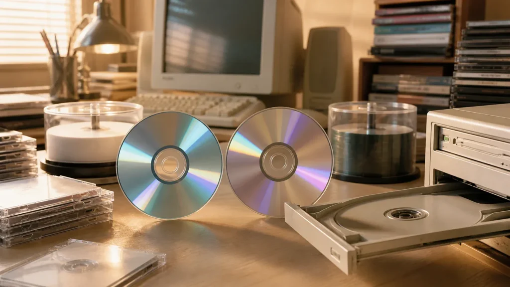 Blank CD-R and DVD-R discs beside an open optical drive in a warm retro desktop scene.
