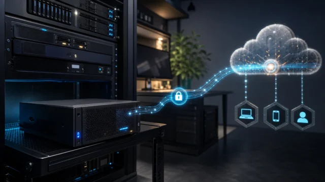 A refined homelab scene showing a lightweight container host creating one outbound encrypted path to a secure edge while internal services remain protected behind local boundaries.