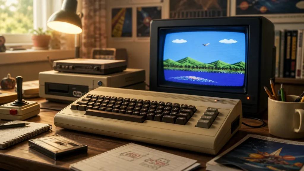 A beige Commodore 64-style home computer on a warm early-1980s desk beside accessories, manuals, and a glowing CRT.
