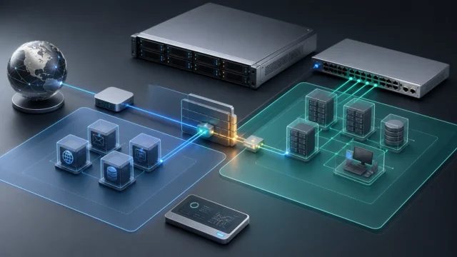 A refined virtualization and networking scene showing one isolated exposed-services zone separated from trusted internal infrastructure by controlled firewall boundaries.