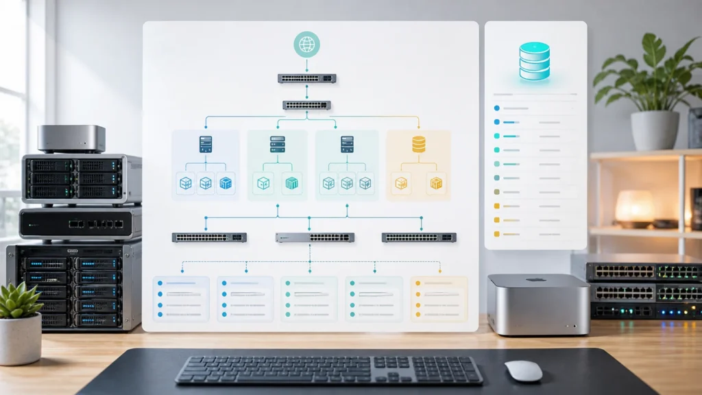 A refined homelab scene centered on an organized infrastructure map that groups servers, virtual machines, and IP address blocks into one source of truth.