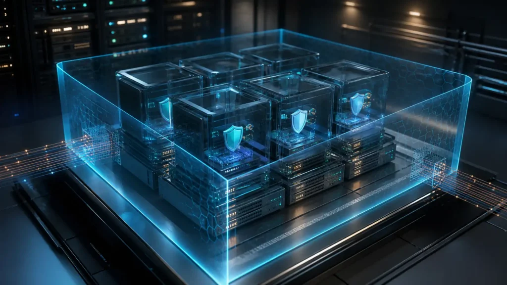 A layered homelab security illustration showing an outer hypervisor firewall boundary and inner software firewall protection inside virtual machines.