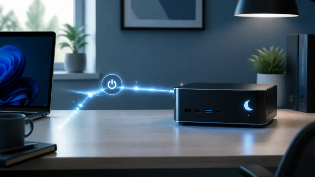 A polished Windows workspace showing a sleeping PC connected to a subtle remote wake signal over the network.