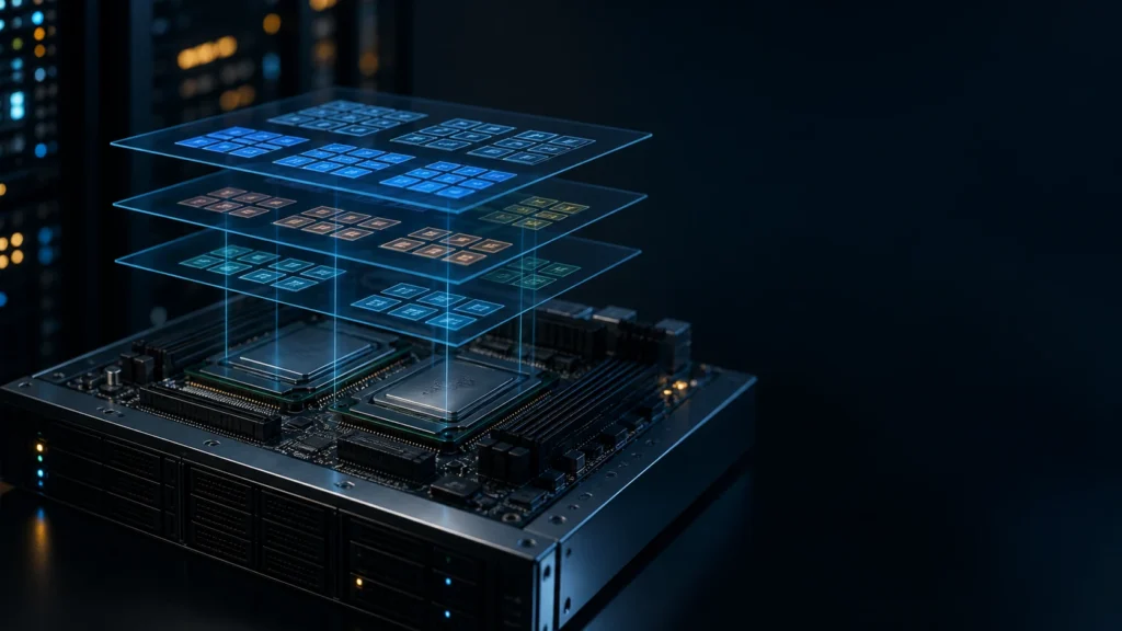 A dark editorial virtualization scene showing one physical processor beneath multiple guest CPU topology layers.
