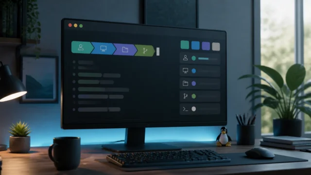 A calm Linux desktop scene with a clean terminal prompt and subtle customization cues.