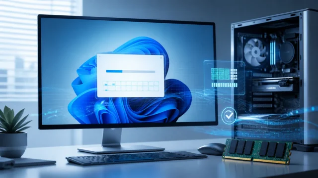 A clean Windows-style diagnostic workspace showing a PC under calm built-in memory analysis with subtle RAM cues.