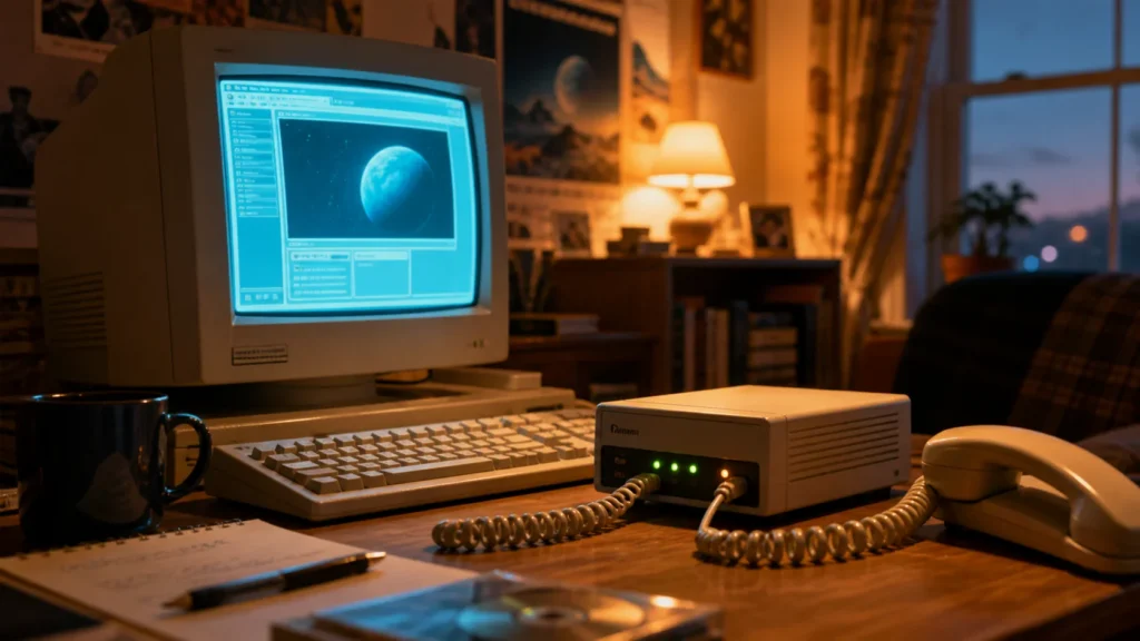 A late-1990s computer desk with a dial-up modem, telephone cable, and CRT monitor glowing as the system prepares to connect to the internet.