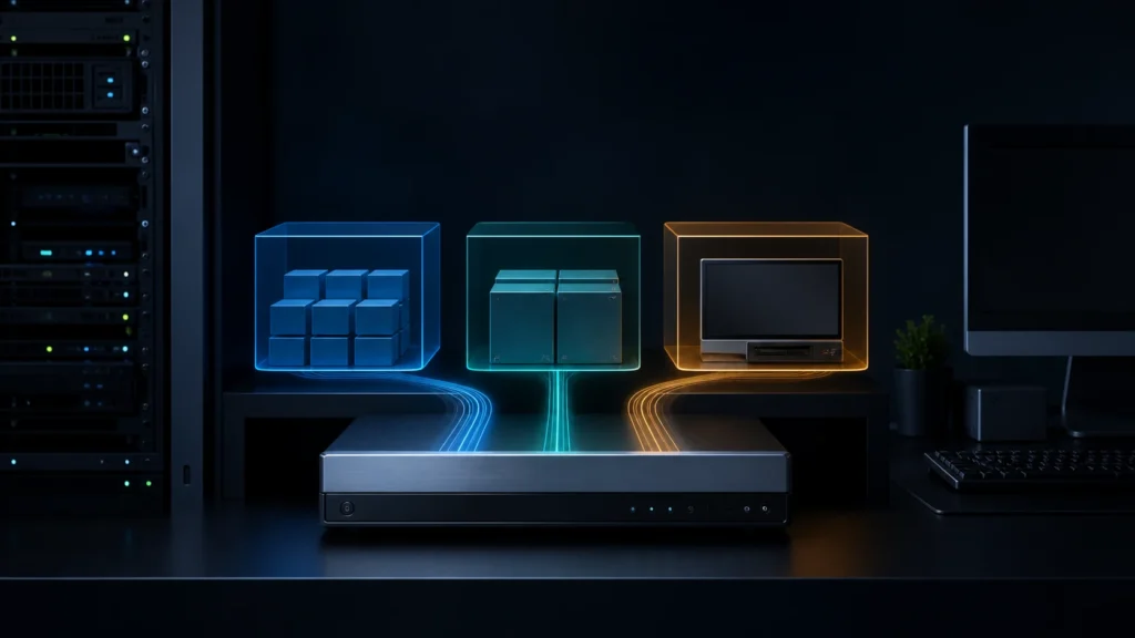 A dark editorial homelab scene showing one host branching into Docker, LXC, and virtual-machine runtime paths.