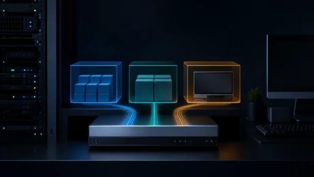 A dark editorial homelab scene showing one host branching into Docker, LXC, and virtual-machine runtime paths.