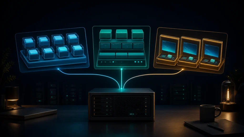 A dark editorial homelab scene showing three distinct runtime paths branching from one host.