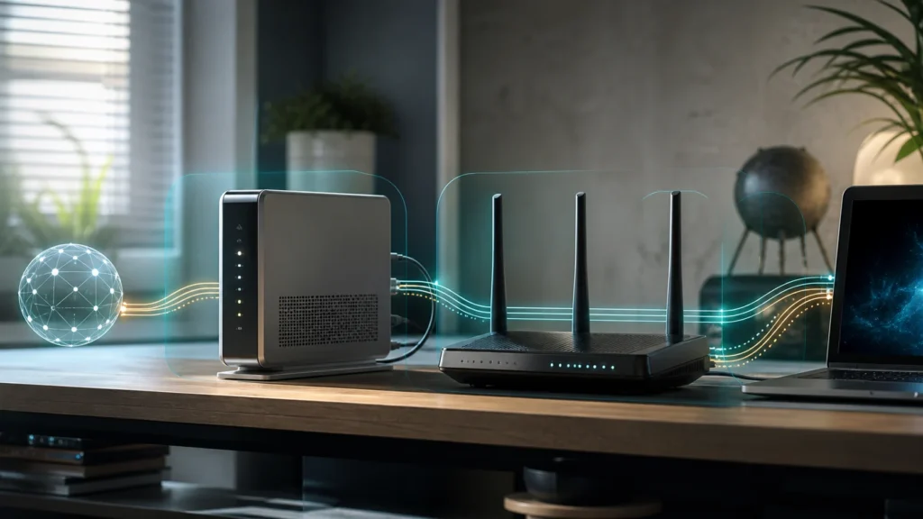 A bright editorial home-network scene showing an ISP gateway and a second router creating two layered NAT boundaries.