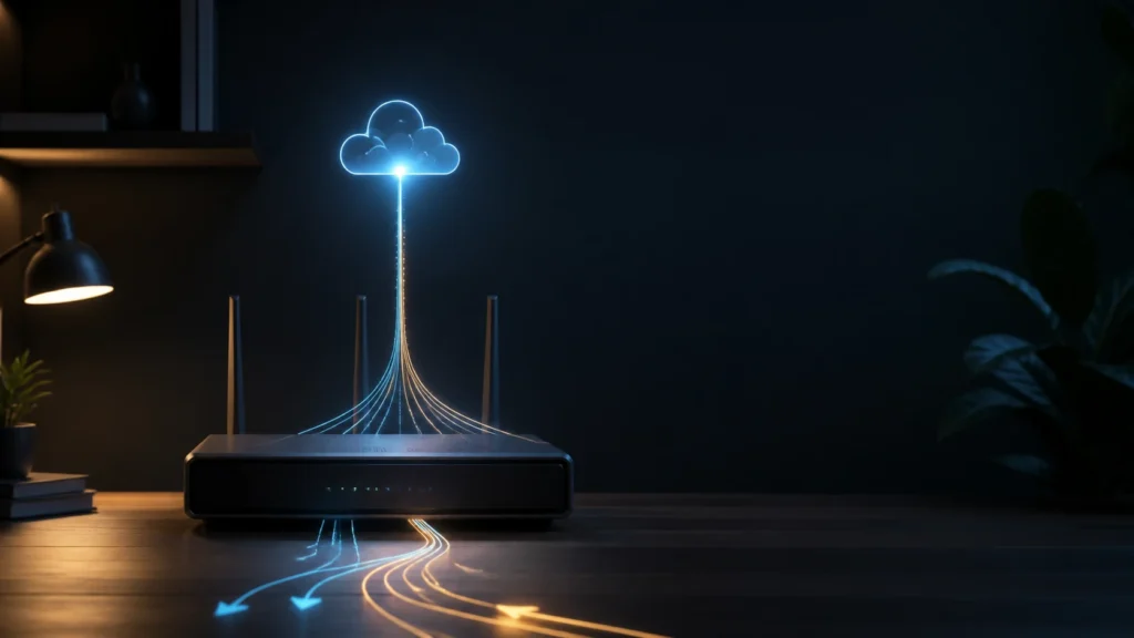 A dark editorial home-network scene showing one stable destination name following a changing public path.