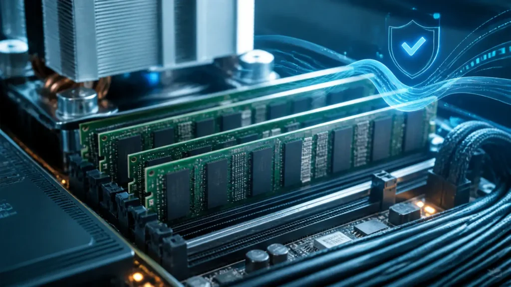 A bright editorial server-memory scene showing installed DIMMs and a subtle emphasis on data integrity and correction.