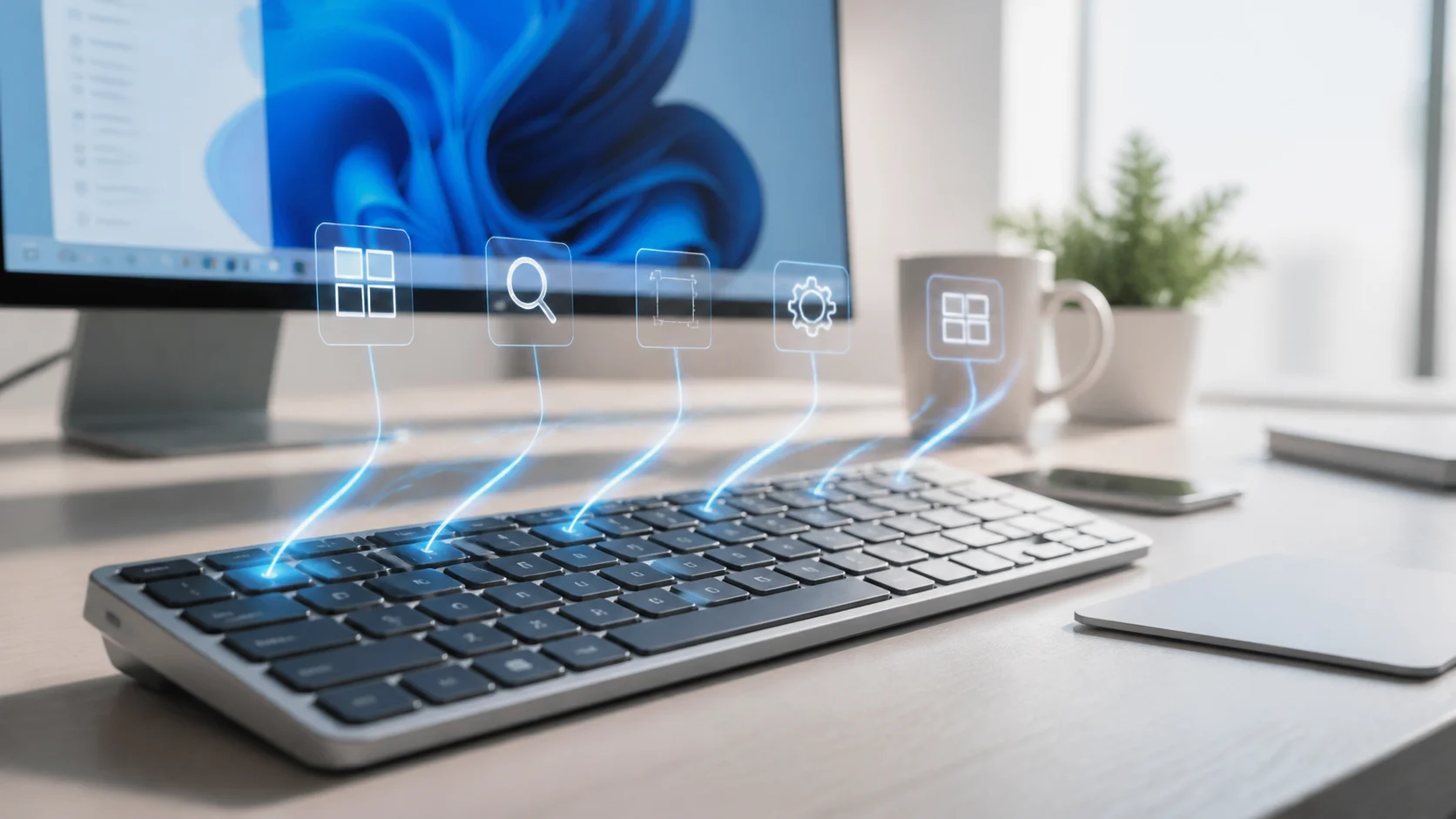 A bright editorial Windows desk scene with a keyboard highlighted to suggest essential beginner shortcuts.
