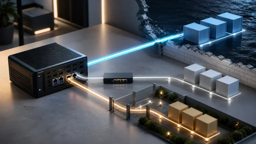 A bright editorial homelab scene showing one host with separated container networking paths and controlled exposure.