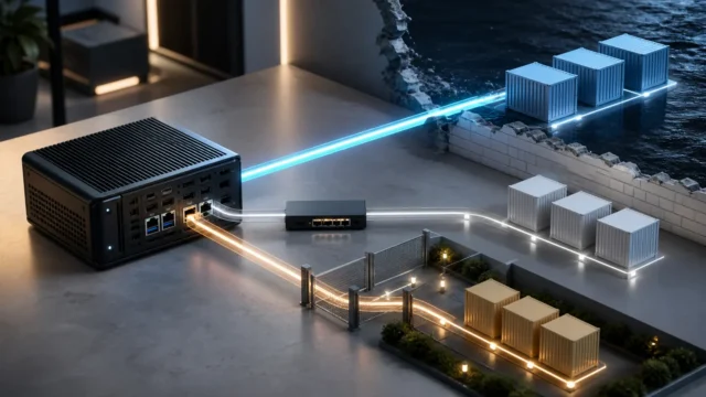 A bright editorial homelab scene showing one host with separated container networking paths and controlled exposure.
