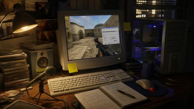 A mid-2000s gaming desk with a monitor showing a game scene and a small framerate counter, evoking early gameplay recording culture.