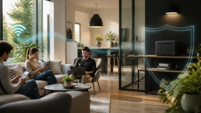 A bright editorial home-network scene showing guests on Wi-Fi while a private NAS remains protected behind a subtle network boundary.