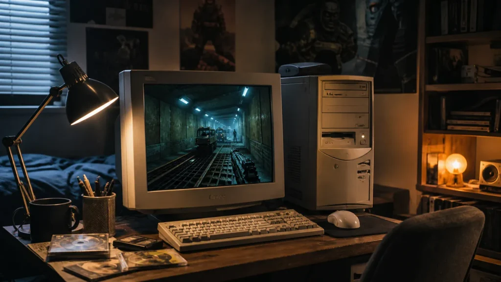 A late-1990s gaming desk with a CRT monitor showing a moody first-person science-facility scene beside period-correct PC hardware.