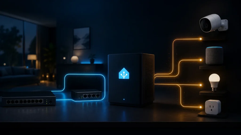 A dark editorial smart-home network scene showing Home Assistant, a firewall, and a separate IoT zone.