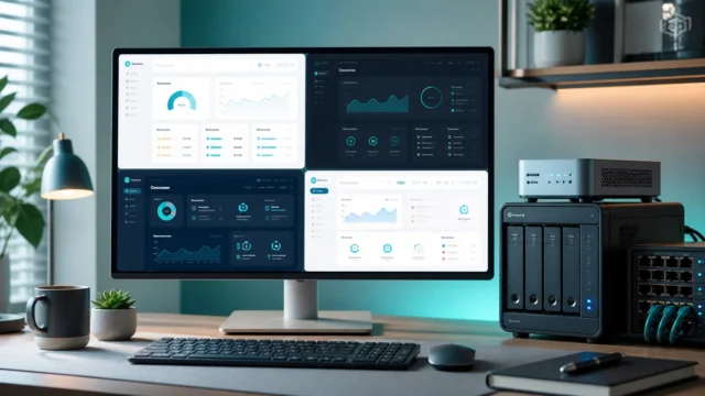 A bright editorial workspace showing several dashboard-style panels beside compact homelab hardware.