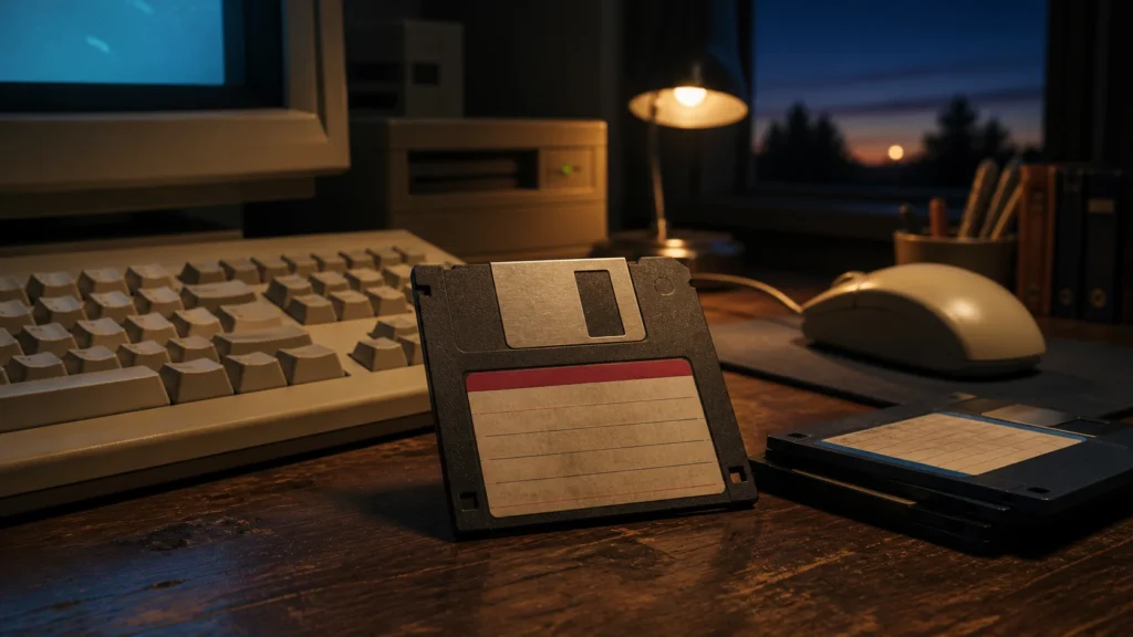 A 3.5-inch floppy disk resting on a desk beside beige PC accessories in warm nostalgic light.