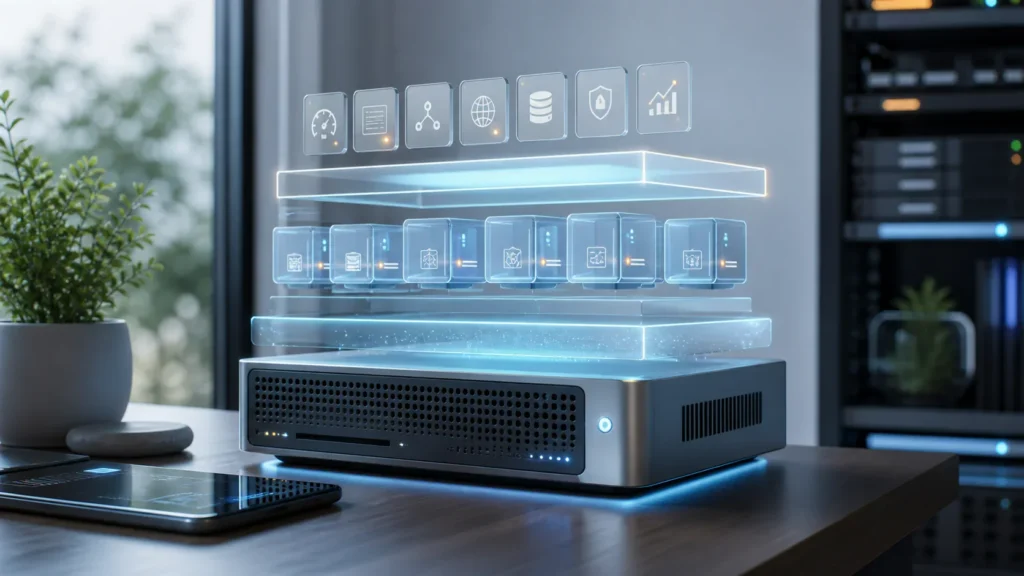 A bright editorial homelab scene showing a very lightweight Alpine-based container environment running small services efficiently.