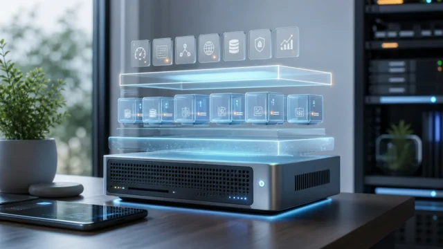 A bright editorial homelab scene showing a very lightweight Alpine-based container environment running small services efficiently.
