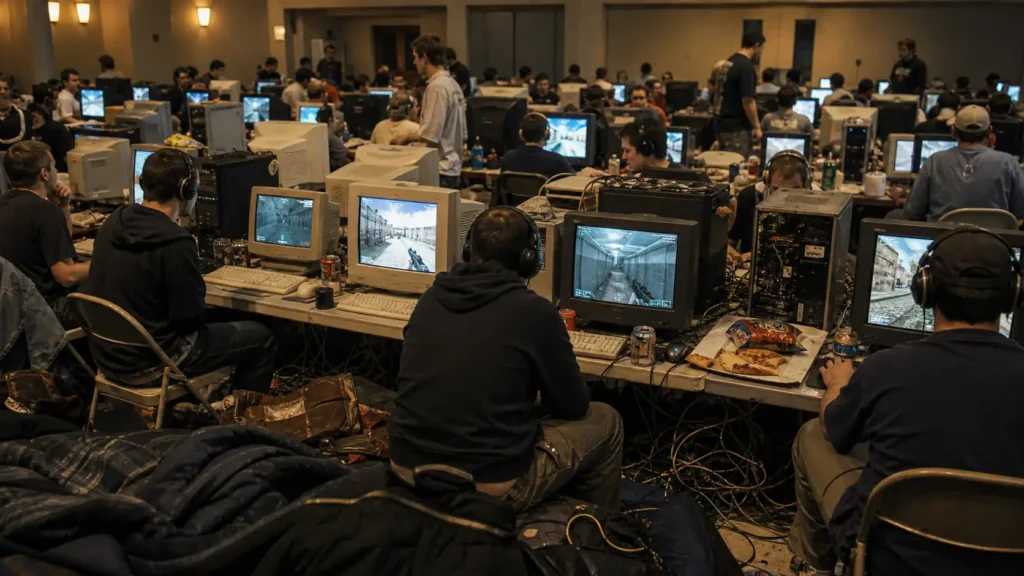 A crowded 2000s LAN party with CRT monitors, PC towers, Ethernet cables, and gamers sharing the same room.