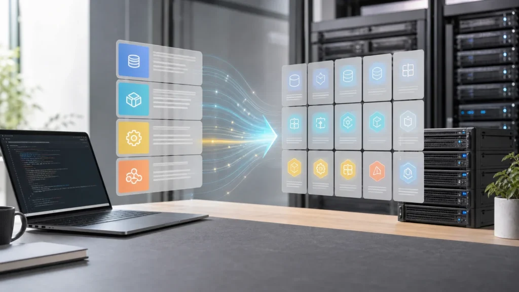 A bright editorial scene showing a Compose-style application layout transforming into structured Kubernetes resources.