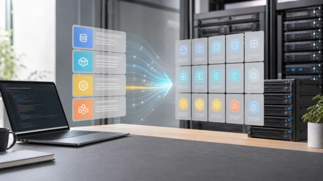A bright editorial scene showing a Compose-style application layout transforming into structured Kubernetes resources.