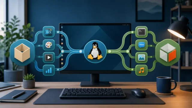 A polished Linux desktop scene showing two parallel software package paths representing Flatpak and Snap management.