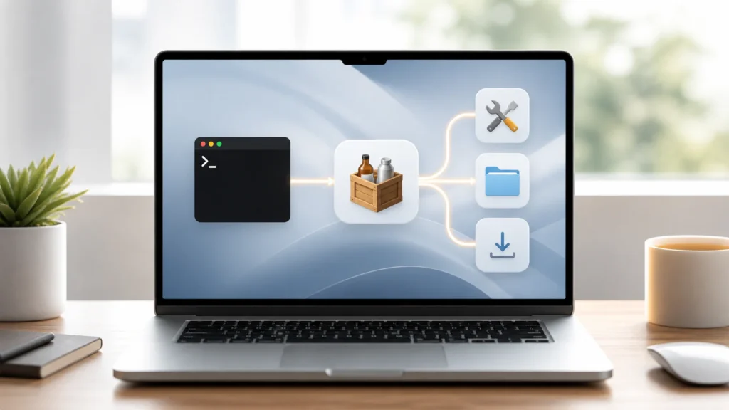 A bright editorial Mac workspace showing an abstract package-management flow between Terminal, tools, and apps.