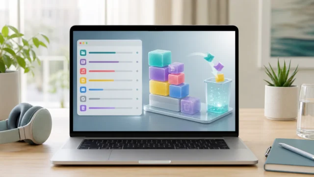 A bright macOS workspace showing built-in storage categories, file cleanup, Photos optimization, and iCloud management.